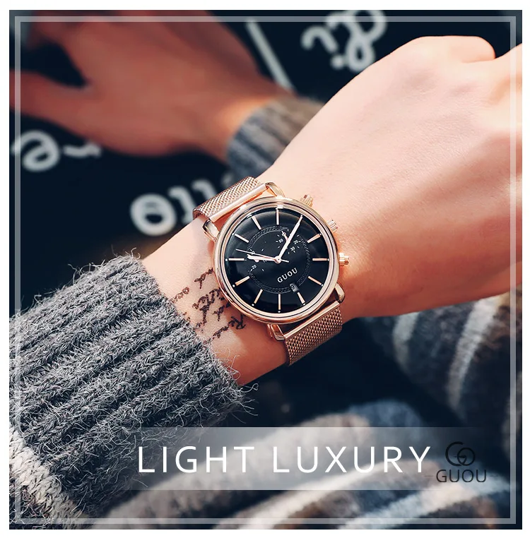 REVIEW TOP SELLER  2018 New Fashion GUOU Brand Couple watches Simple Calendar Waterproof quartz men women Lovers Mesh 