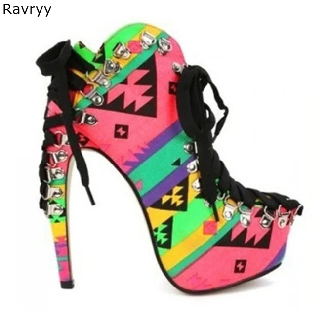 

Hot Fashion Mixed Color Woman short boots strange style Heel ankle lace up Model Fun Club Party female booties motorcycle boot