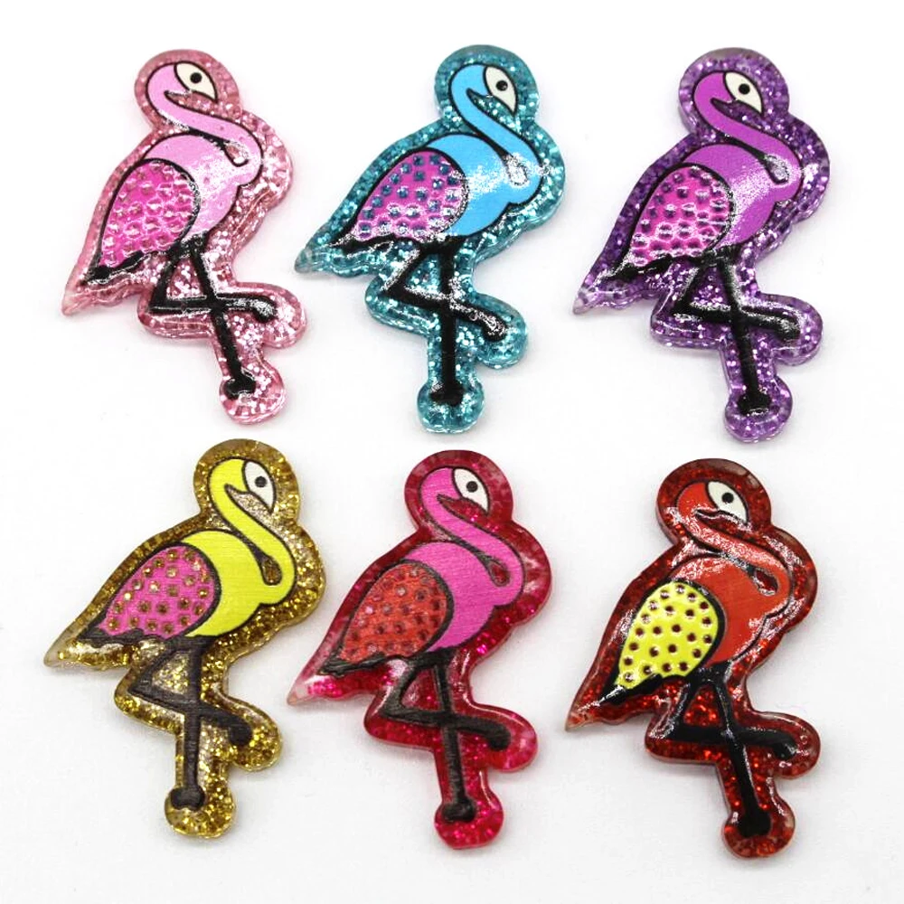 

10pcs / lot 24x35mm flat back resin flamingo kawaii flat hair bow face cartoon earrings / brooch DIY fashion colorful glitter