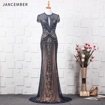 

JANCEMBER abendkleider lang Beading Crystal Pattern Cap Sleeve Cut-out High-Neck Court Train Mermaid Floor-Length robe de bal