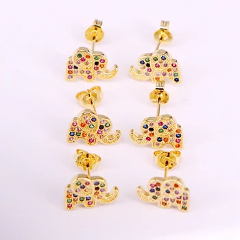 

6Pairs, Crystal Zirconia animal earring rainbow cz micro pave charm gold color elephant stud