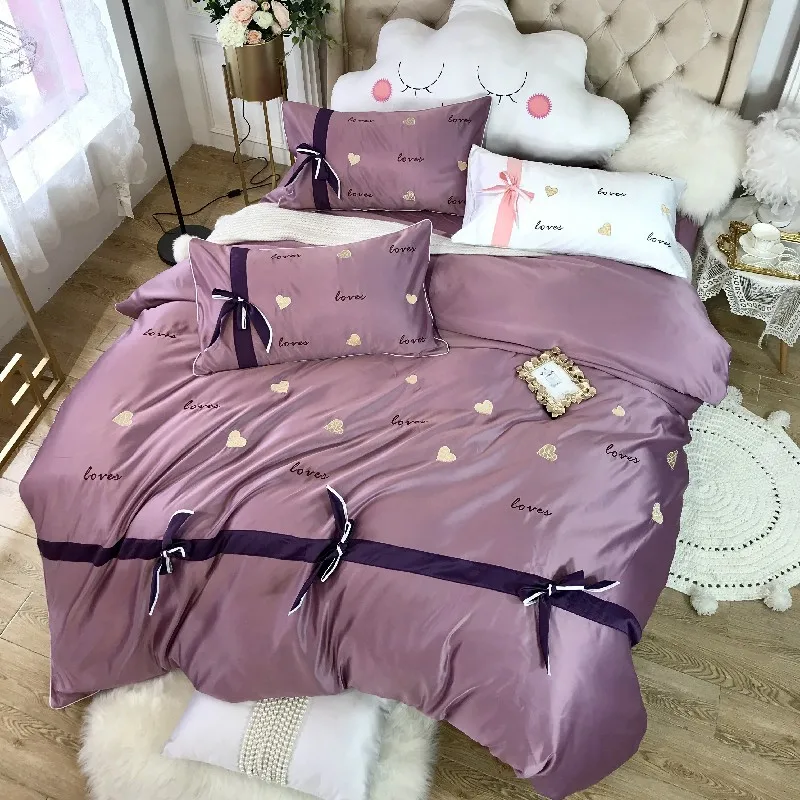 Белый фиолетовый King size комплект двуспального постельного белья атласный пододеяльник хлопок простыня пододеяльник наволочка parure de lit