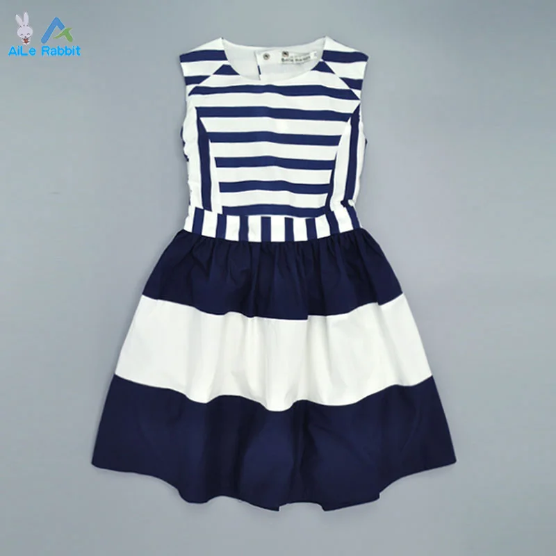 AiLe Rabbit Military Style Brand Girls Dress 2016 Summer Dress Girls Navy Wind Back Hollow Out