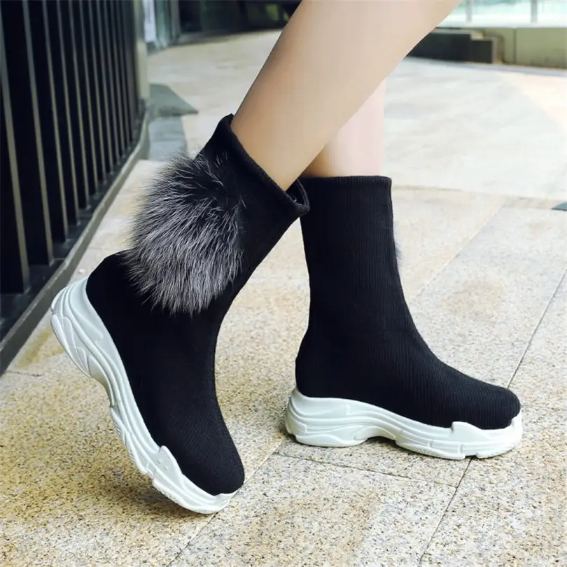 

NAYIDUYUN Women Black White Breathable knitting Wedges Ankle Boots Winter High Heel Riding Boots Chic Fox Fur Hi-Top Sneakers