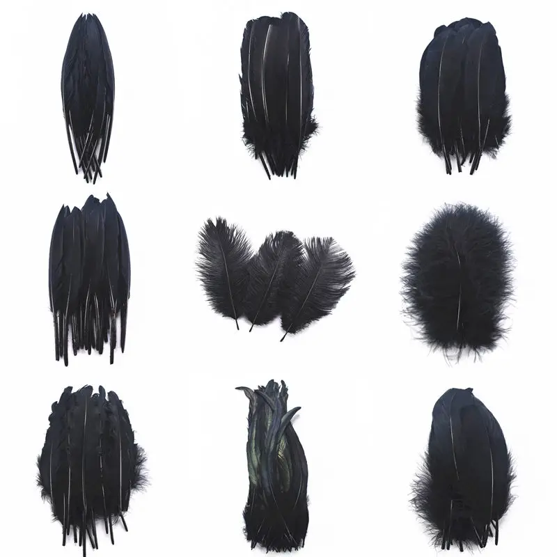 

20pcs 13 kinds Black pheasant Rooster chicken Duck feathers 8-30cm Ostrich Peacock Turkey Goose Plumes DIY feathers for crafts
