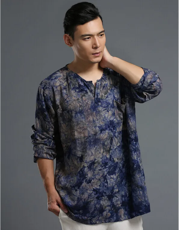 Осень Китайская народная стиль мода литературный галстук-окрашенные хлопка Льняная мужская рубашка Свободные Большой Размеры мужские