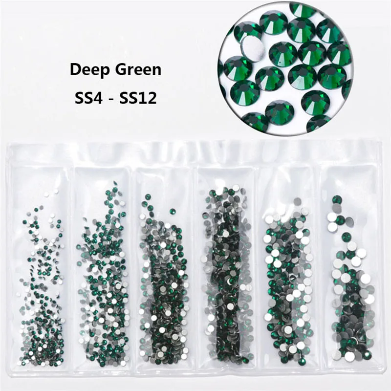 1700 шт, 30 цветов, SS4-SS12, смешанные размеры, не исправляемые Стразы для ногтей, плоские с оборота стеклянные камни, белые AB swarovsky хрустальные стразы - Цвет: deep green