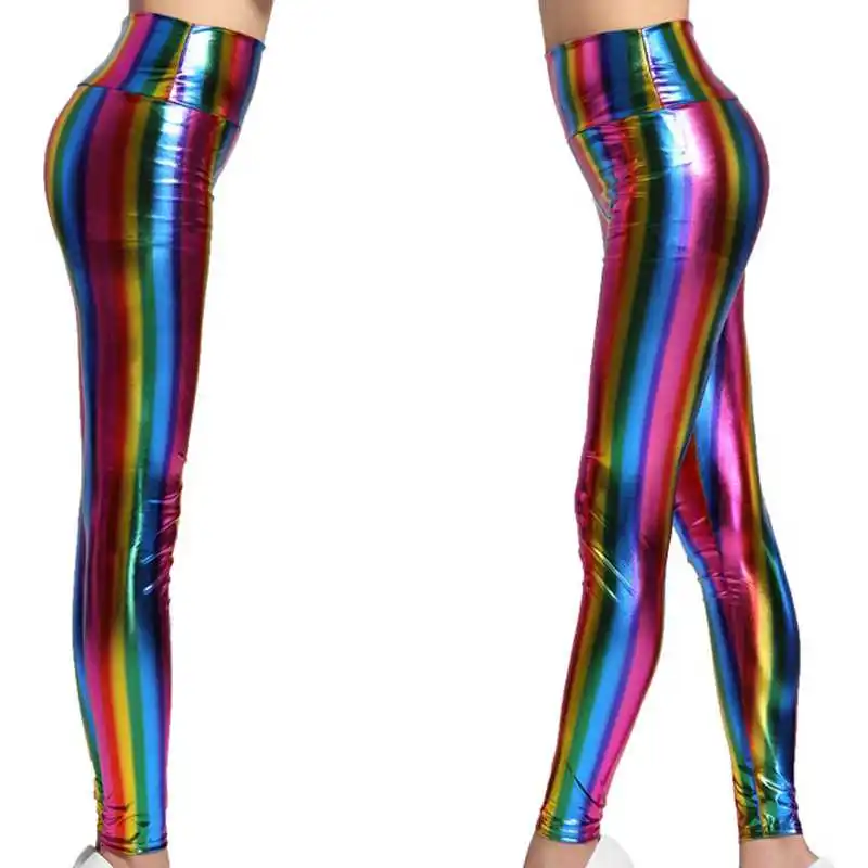 

lady fashion punk night bar club sexy leggings high waist slim fitted rainbow disco pants bright fake leather skinny leggings