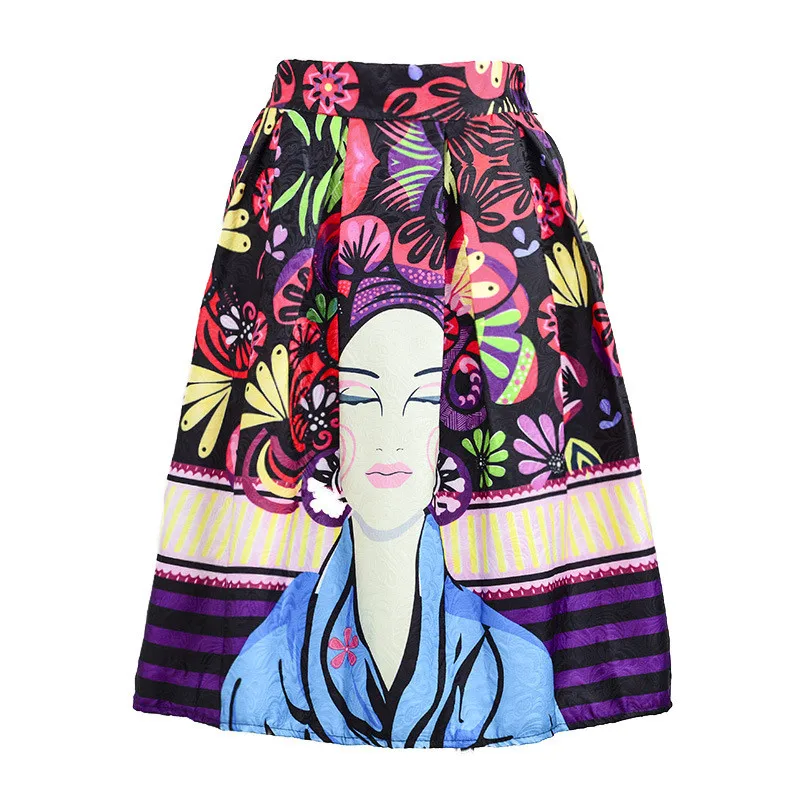 Высококачественная Женская юбка с рисунком, весна, новая мода, винтажное женское бальное платье, юбка миди с принтом, высокая талия, для девушек, Saia SK010