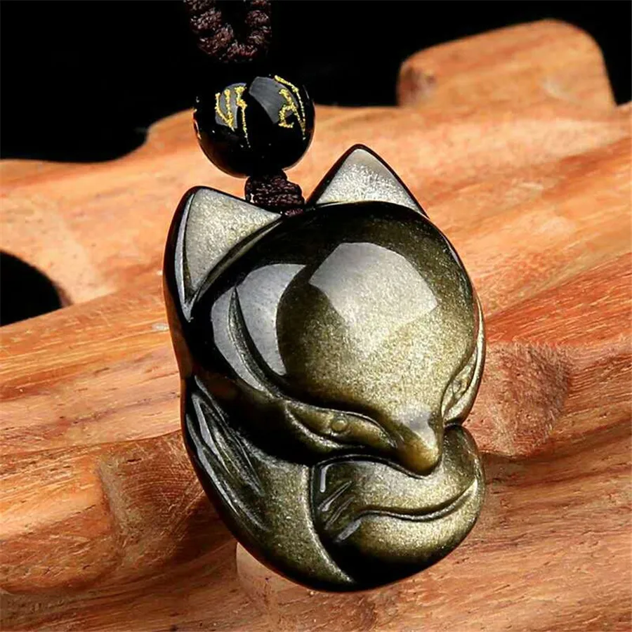 

Genuine Natural Gold Obsidian Gemstone Pendant Fox Drop Animal Style Natual Obsidian Stone Necklaces Pendant AAAAA Drop Shipping