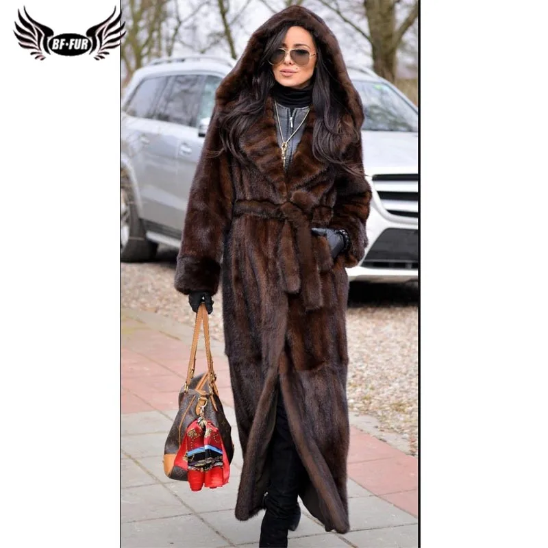 BFFUR, Новое поступление, кожаная куртка для женщин, зимнее пальто с шапкой, натуральный мех норки, верхняя одежда, Теплое повседневное готическое платье, подлинные пальто