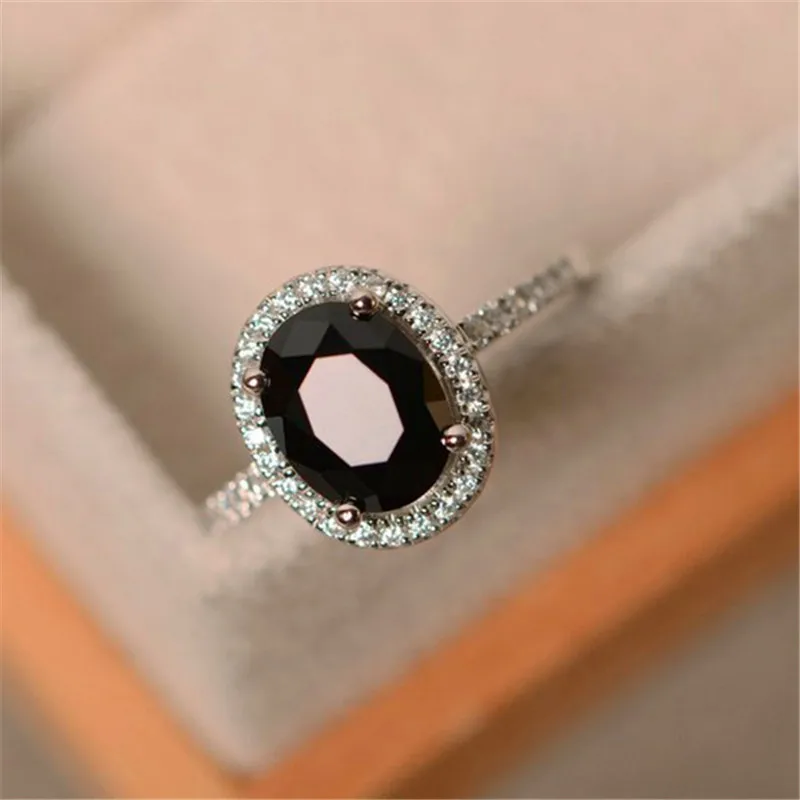 

Vintage Female Crystal Black Stone Ring Silver Purple Green Blue Ring Wedding Band Jewelry Promise Engagement Rings For Women