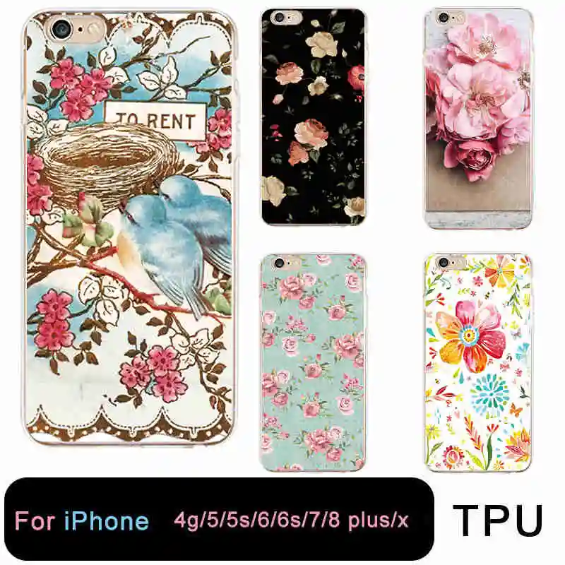 TPU Clear Phone Case For iPhone 6 6s 7 8plus x Soft Colorful Floral Beautiful Flower SiliconeCase Free shipping 4 5se |
