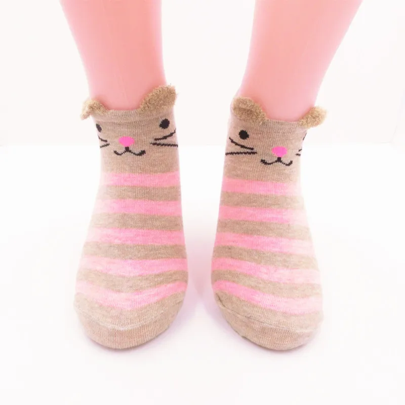 Новое поступление, хлопковые носки, женские низкие черные белые милые стереоскопические животное, мультяшная кошка, лиса, собака, забавные носки SD034 - Цвет: Pink stripe