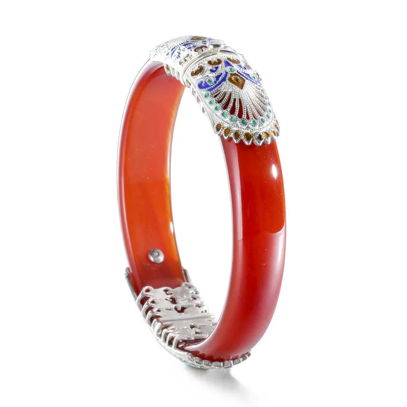 

925 sterling silver red agate bangles red handmade ethnic natural 35.7g red agate enamel bangle for women agate jewelry charms