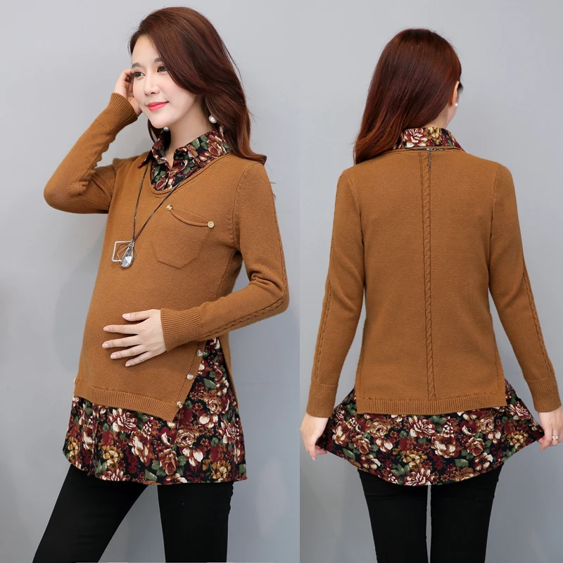 

812# 2017 Autumn Korean Fashion Maternity Sweaters Turn Down Collars Patchwork Floral Printed Pullovers Shirt for Pregnant Women