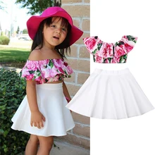 Детская одежда для маленьких девочек летняя одежда для девочек элегантный костюм из 2 предметов на маленькую девочку, оборки, открытые плечи с цветочным рисунком Топы+ плиссированная юбка, наряды для девочек 2-6Yrs
