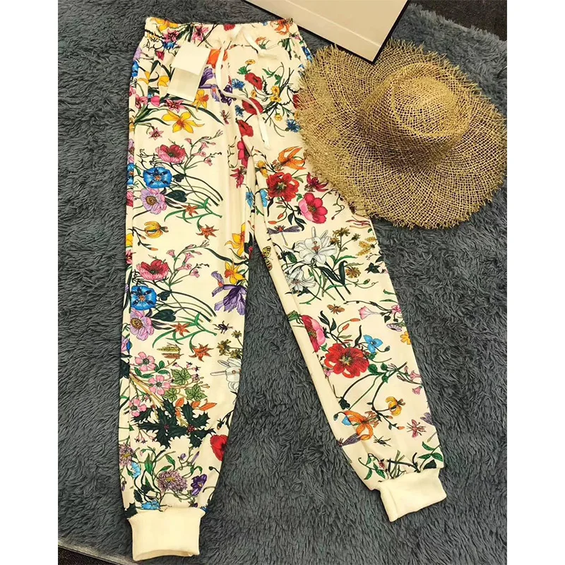 

New F Flowers Printting Straight Female Pants Drawstring Casual Trousers With Stripes Slim Streetwear Women's Pants