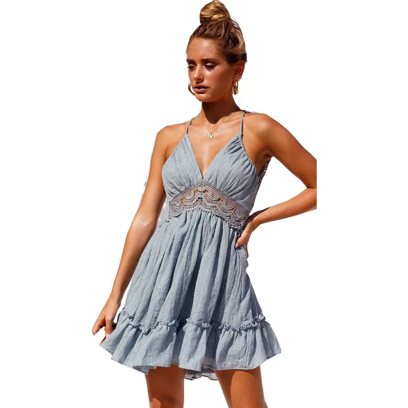 

women summer dresses 2019 new arrival Summer dress Lace Sexy off shoulder Halter v neck sling mini Dress vestidos de OYM0832