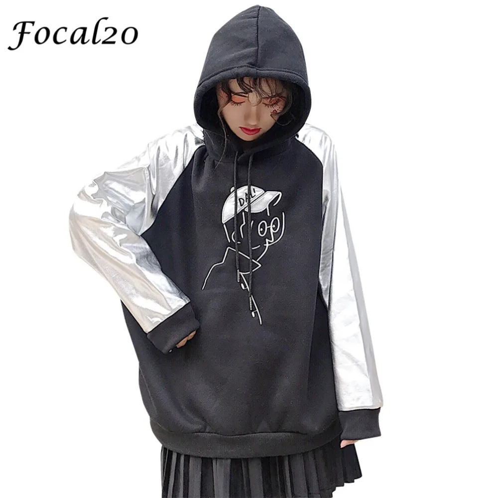 

Focal20 Streetwear Hit Color Character Embroidery Women Sweatshirt Hoodies Long Sleeve Fleece Sweatshirt Causal Tracksuit