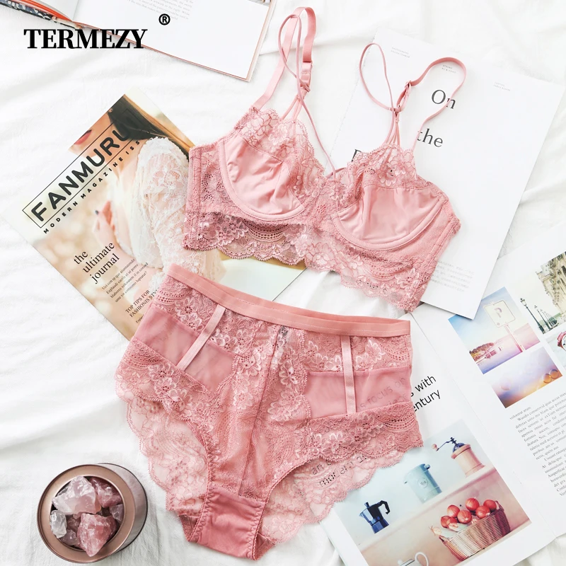  TERMEZY Classic Bandage Pink Bra Set Lingerie Push Up Brassiere Lace Underwear Set Sexy High-Waist 