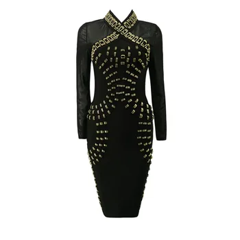 

Fashion Women Dress Long Sleeve Beading Knee Length Bandage Dress