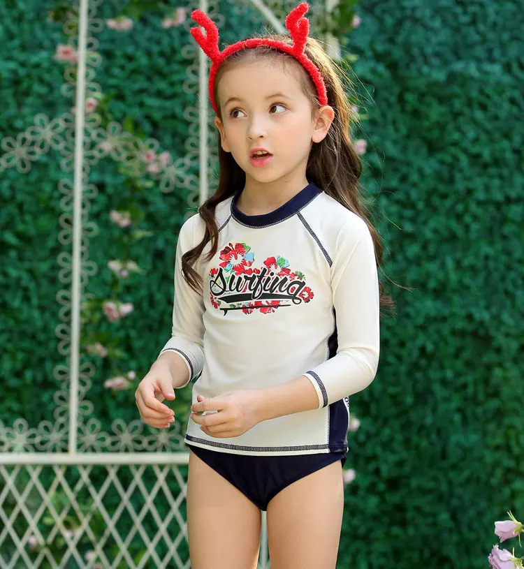 iiniim Baby Little Girls Two Piece Long Sleeve Rash Guard Swimsuit Shirt Top with Bottom Bathing Suit UPF 50+