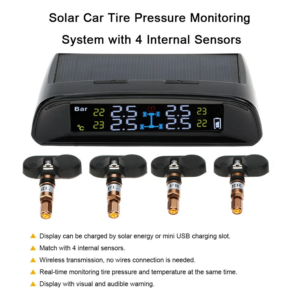 Беспроводной солнечный автомобиль TPMS шин Давление мониторинга Системы с 4 внутренних Датчики бар/psi блок - Цвет: color screen