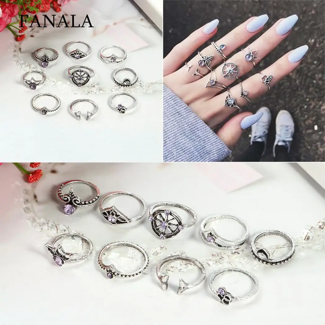 

Geometric Bohemia Style Women Shape Hollow Plastic Gem Rhinestone Rings Set