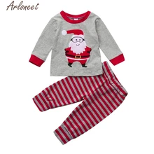 Новинка года, рождественские топики с Сантой+ штаны в полоску для маленьких девочек и мальчиков, комплект одежды высокого качества