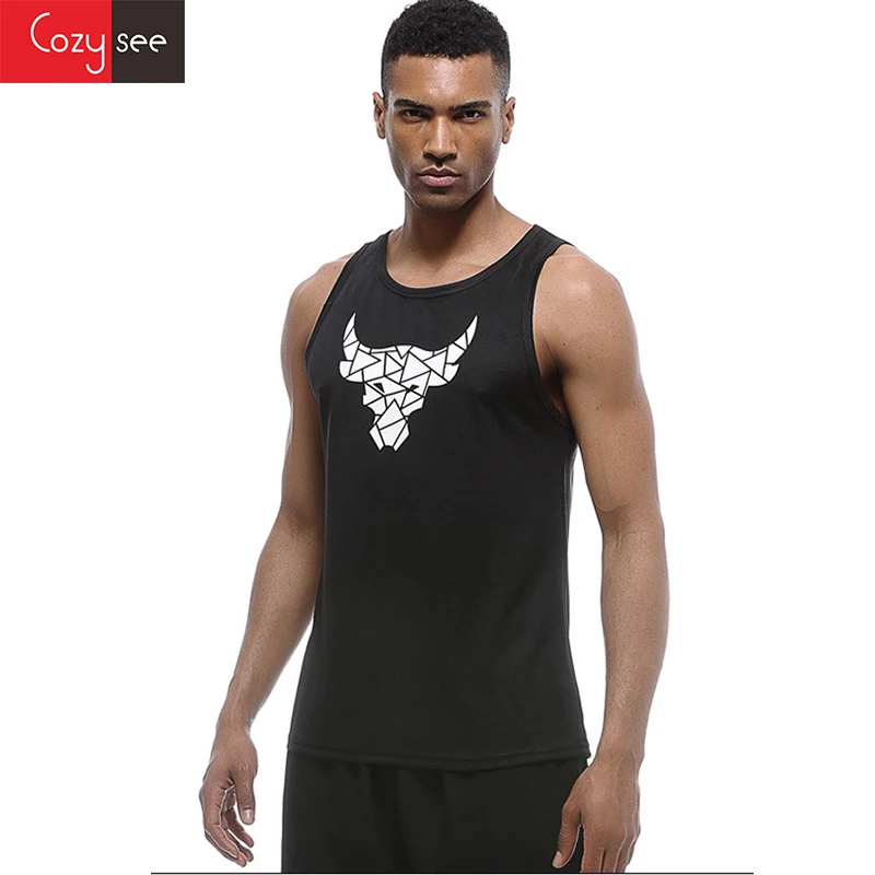

COZYSEE Mens mesh fabrics Dry Fit Printing Bull pattern Short Sleeve Tank Top