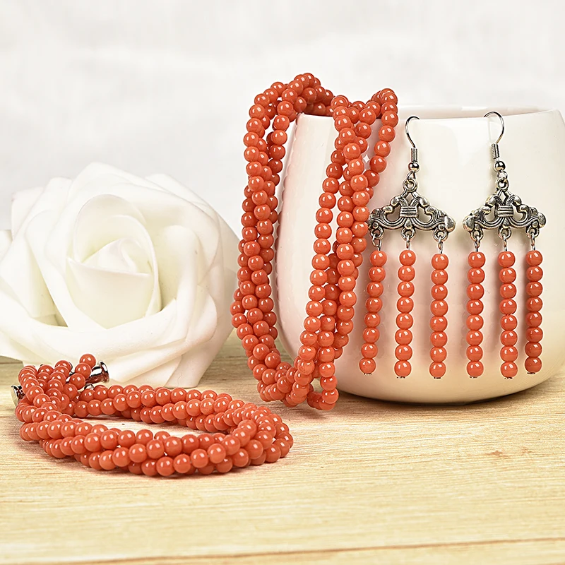 

Orange wrap style chic Specification parameter Synthesis red Coral necklace bracelet and curtain earrings