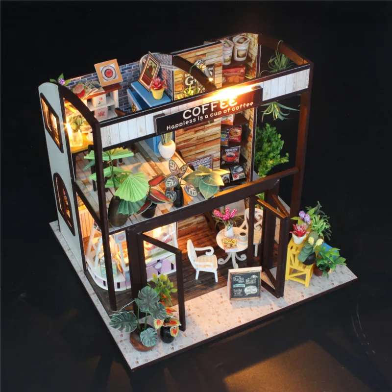Hoomeda M027 Coffee House DIY Dollhouse With Music Motor Cover Light Miniature Model Toy Gift | Игрушки и хобби