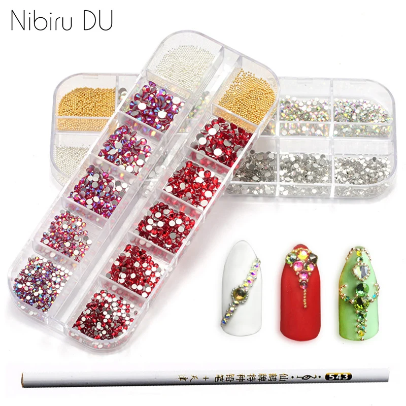 1 Box Double Colorful Mixed Size Strass Crystal Glass Rhinestone With Metal Beads Nail Rhinestones For Nails Art Decorations