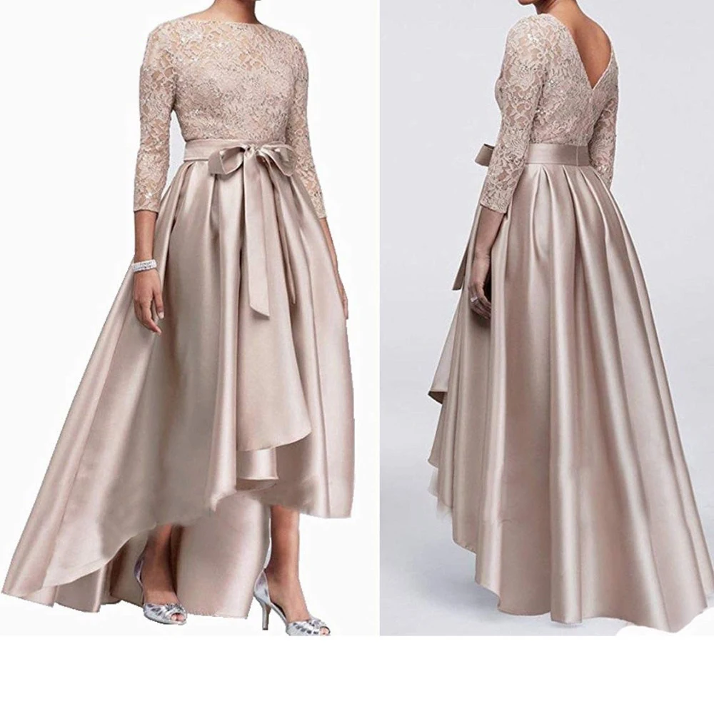

Elegant Lace Mother Of The Bride Dress 2019 High Low Three Quarter Sleeves Formal Party Dress With Sashes Backless Evening Dress