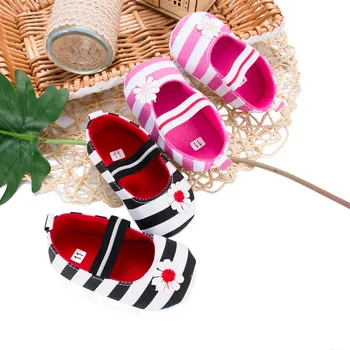 

1 Pair Newborn Baby Soft Striped Black Pink Flower First Walkers Prewalker Princess Toddler Shoes 11CM