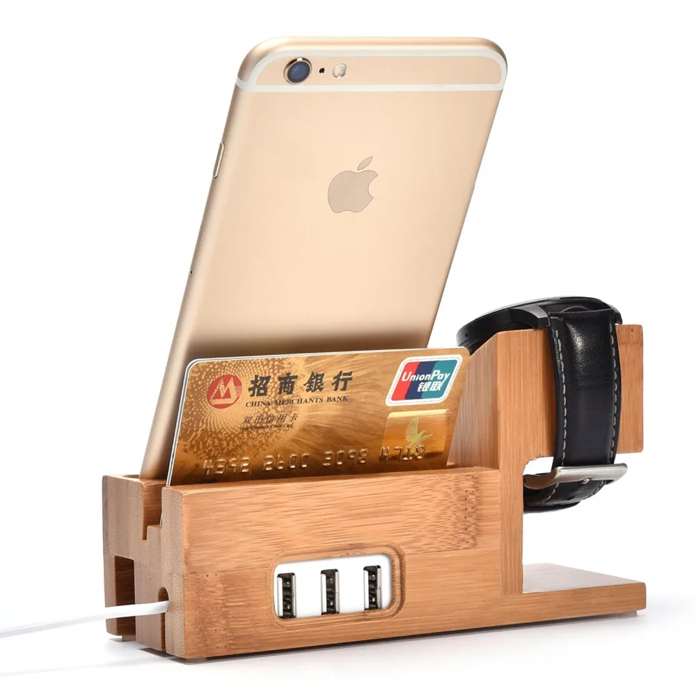 For Apple Watch 38&42mm i  Watches Wood Bamboo Station Charging Dock Cradle Stand Holder For iPhone 6S 7 PLUS/S5 Neo S 9 Edge J