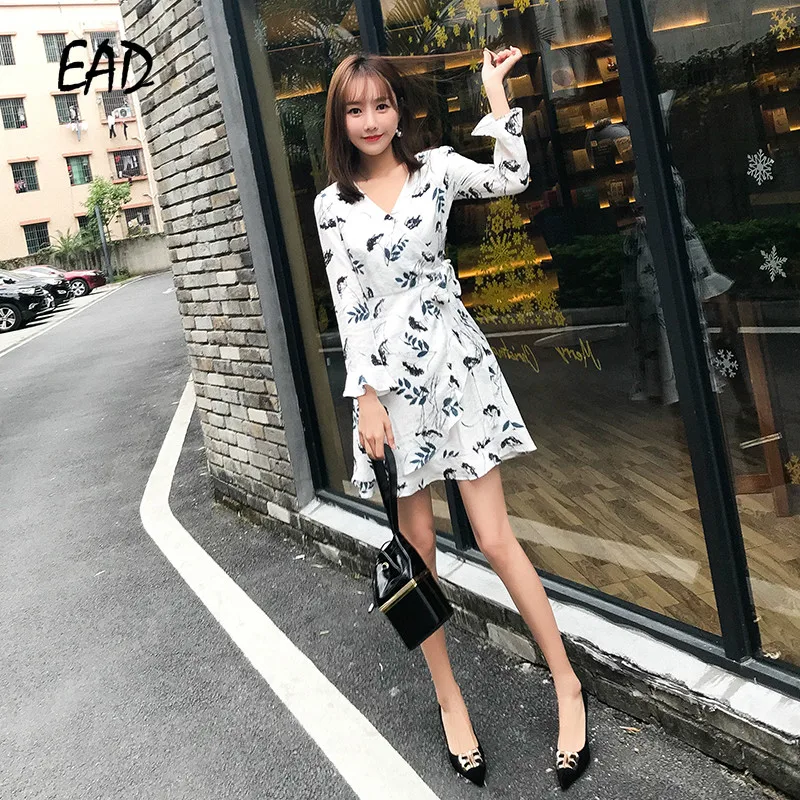

EAD Elegant Floral Print Dress for Women Spring V Neck Long Sleeve Ruffle Sexy Bow Tie High Waist Casual Female Dresses Vestido
