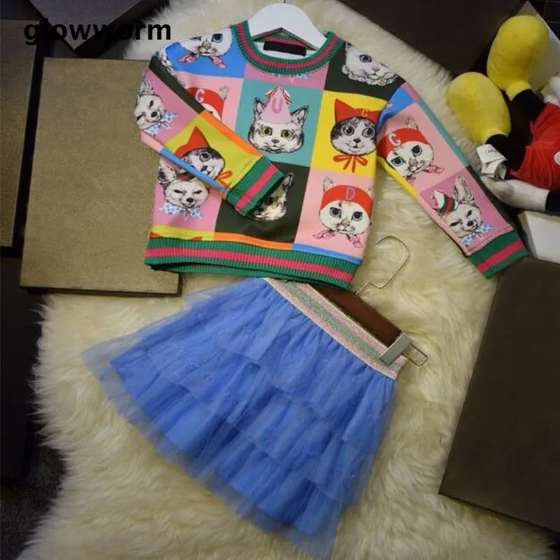 

GlowwormKids 2018 New Runway Girls Sets Cat Head Printing Space Cotton Coat Party Skirt Spring Autumn Girls Clothes hs072