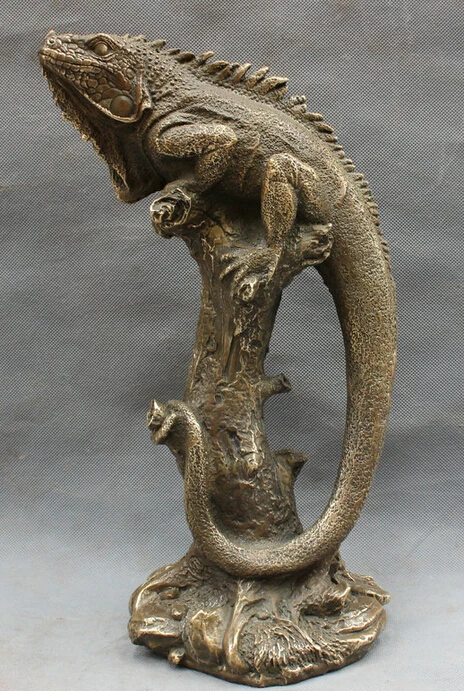 

song voge gem S4392 14" Chinese Bronze Reptiles Wild Lizard Cabrite On Tree Statue Animals Sculpture