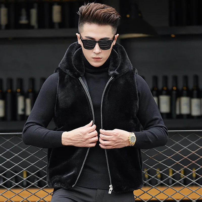 

2019 Men Vest Fashion Faux Mink Fur Winter Vest Hooded Warm Mens Vest Casual Sleeveless Jacket Faux Fur Vest Bodywarmer Men