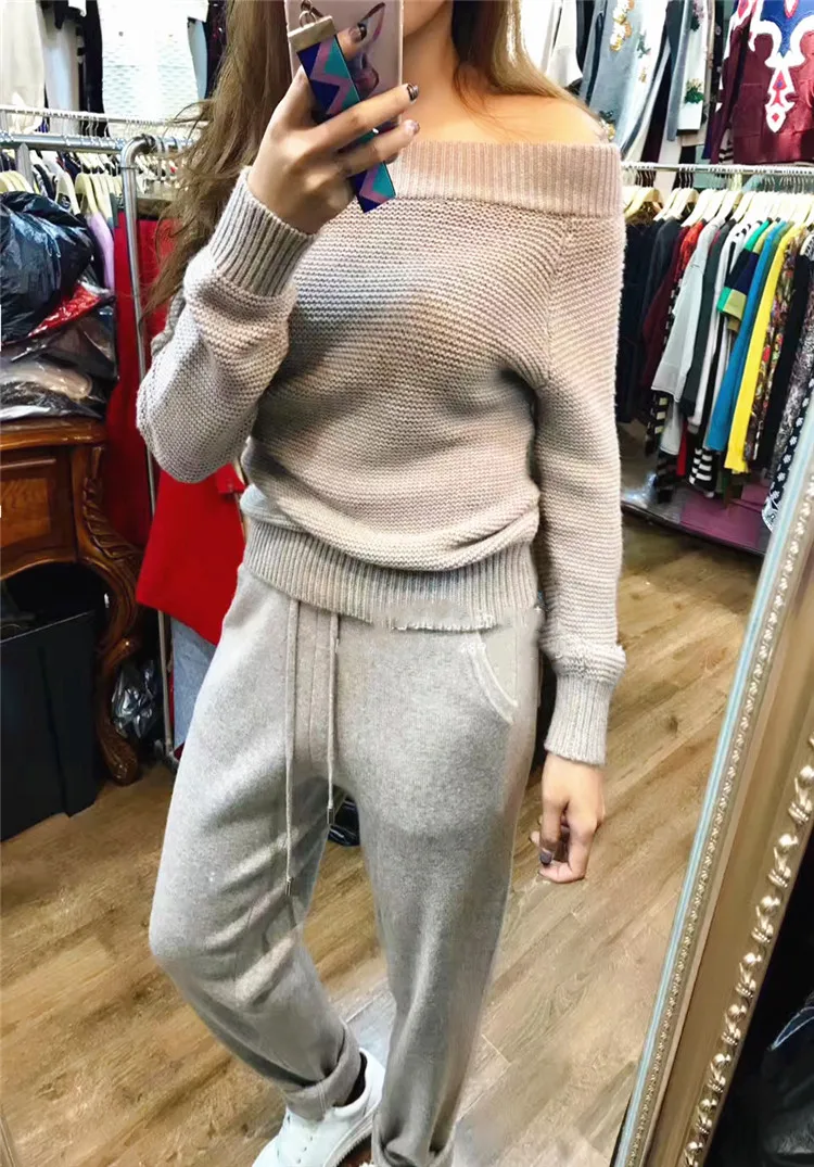 2021 O-neck Limited Knitted Two-piece High-end Fashion Mink Velvet Wool Suit Sleeve Sweater + Trousers Casual Two Sets Of Women 100% wool scarves for women 2021 winter