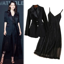 Элегантный костюм с платьем, комплект из 2 предметов, офисная одежда для леди, деловая рабочая одежда, Блейзер, пиджак+ кружевное платье, женский наряд-Униформа размера плюс