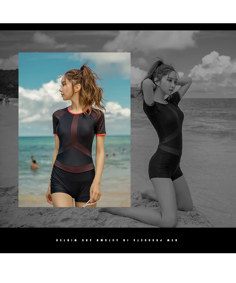 Mesh Patchwork Rash Guard Women Solid Swimwear Short Sleeve Swimsuit Shorts Surfing Suit Black Bathing Suit Korea Diving Clothes