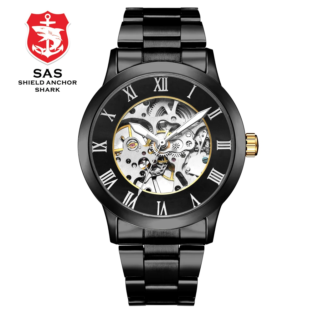 

Men Hand-winding Watches Casual Skeleton Mechanical Wristwatches Top Brand Full Steel Sports Waterproof Watch Male SHARK -#802