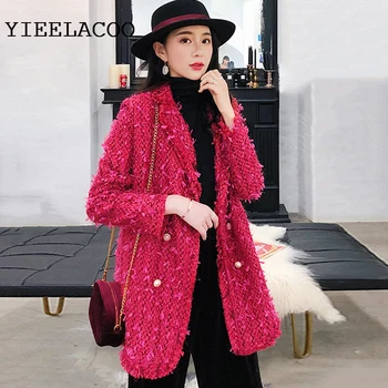 

Jacket women Fringed tweed Feather fabric silver silk weaving 2020 women's jacket rose Red small fragrance in the long coat