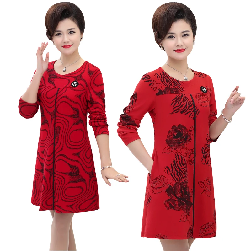 

Spring Womens O Neck Floral Long Sleeve Dress Female Casual Party A-Line Dresses 5XL Plus Size Mother Bottoming Clothing