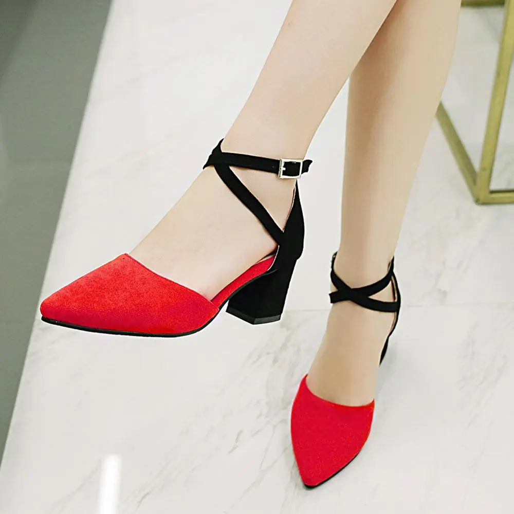 SGESVIER/Коллекция года; сезон весна; Брендовая женская обувь; туфли-лодочки на толстом каблуке с острым носком; женские туфли с ремешком на щиколотке и пряжкой; цвет черный, красный, розовый, желтый; OX247 - Цвет: Красный