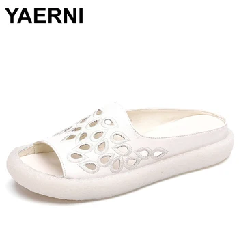 

YAERNI Summer WomenSandals Black White Platform Sandals Comfortable Women Thick Sole Beach Shoes Genuine Leather Non-slipSlipper