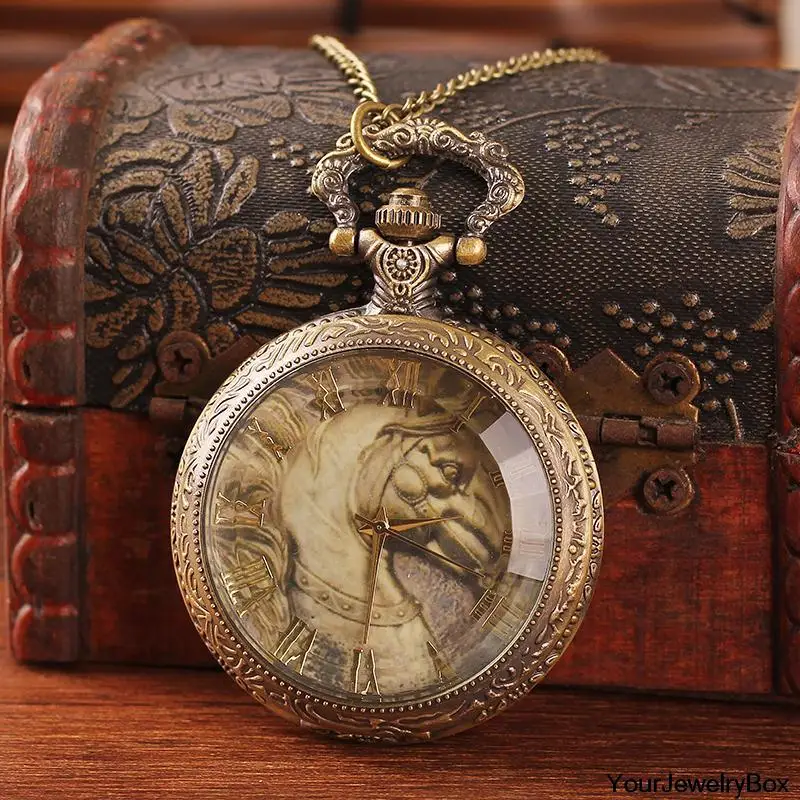 Unique Antique Brass Watch Pocket Steampunk Horse Shape Glass Face Roman Number Analog Alloy Quartz With Chain Top Sale Dropship | Наручные